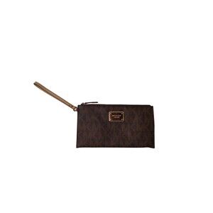 Michael Kors Brown MK Logo Print Zipper Top Clutch Wristlet Credit Card Slots